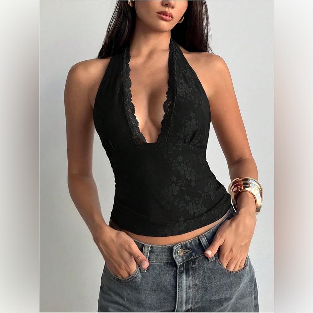 Women’s Y2K Lace Halter Crop Black Coquette Deep V Feminine Top M